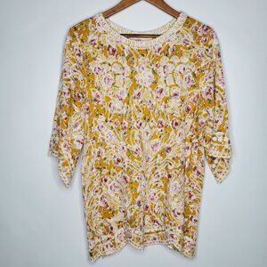 Solitaire Womens Colorful Floral Embroidered Top Size L 3/4 Sleeve BOHO Peasant